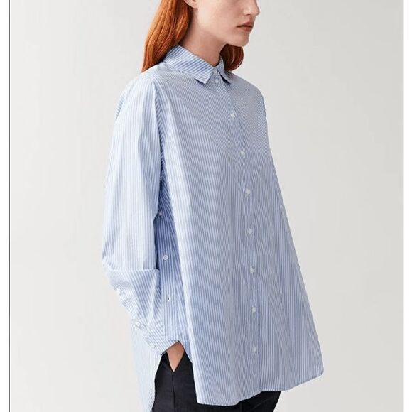 COS Oversized Striped Shirt Button Front and Sides Collar Blue Women's Size 12 - Picture 1 of 12
